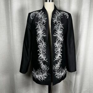 Vintage‎ Nolan Miller Silk Black White Embroidered Beaded Jacket Blazer Medium